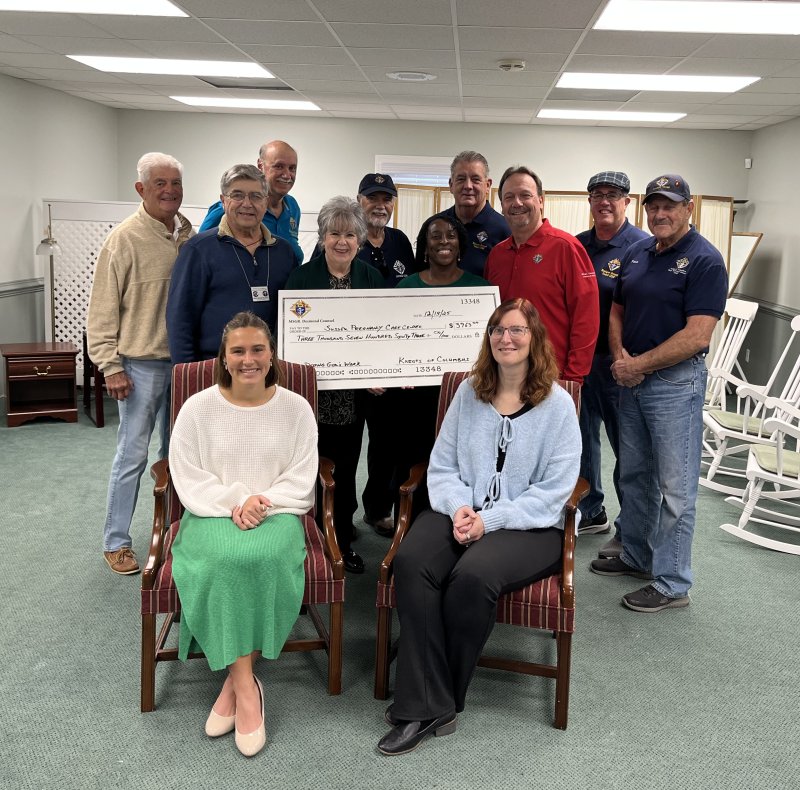 Gathered for the check presentation are (l-r) Joe Wilkens, past grand knight, Knights of Columbus; Mike Beauparlant, grand knight, Knights of Columbus; Sam Noto, recorder, Knights of Columbus; Pam James, administrative supervisor, Sussex Pregnancy Care Center; Joe Koscielniak, Knights of Columbus; Teresa Cottman, executive director, Sussex Pregnancy Care Center; Robert House, financial secretary, Knights of Columbus; Barry Grzechowiak, deputy grand knight, Knights of Columbus; Bob Billbrough, Knights of Columbus; and Frank Saltarelli, warden, Knights of Columbus. In front are Kinley Woodard, development director, and Erica Bender, education and support director, Sussex Pregnancy Care Center. SUBMITTED PHOTO